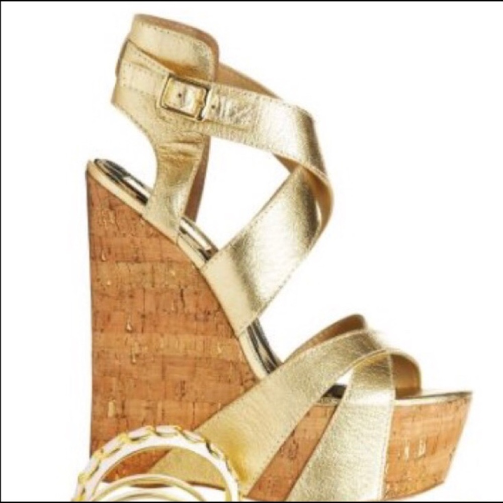 Size 10 BeBe gold wedges